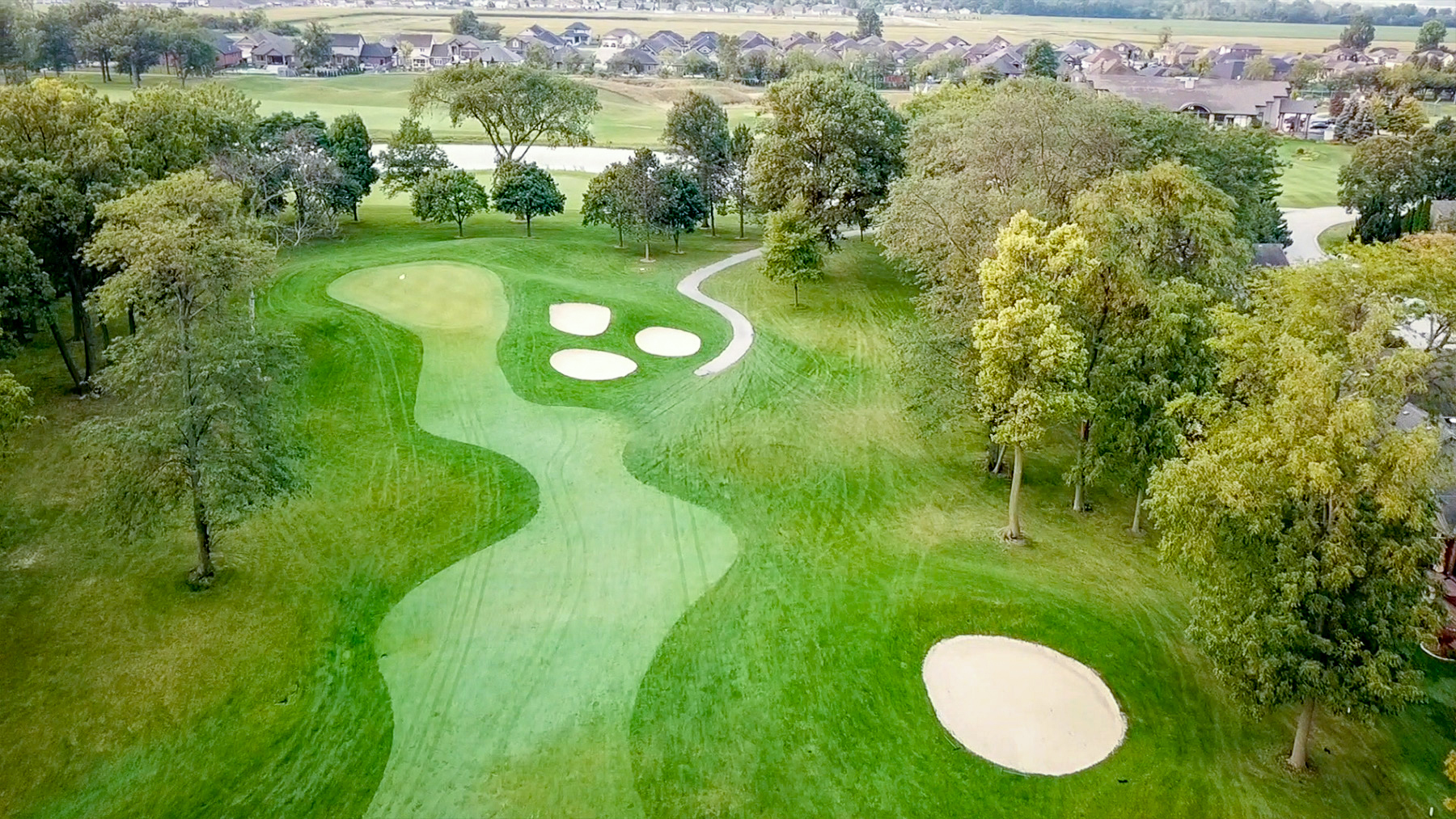 Hole 9 with 4 sandpits surrounded by trees